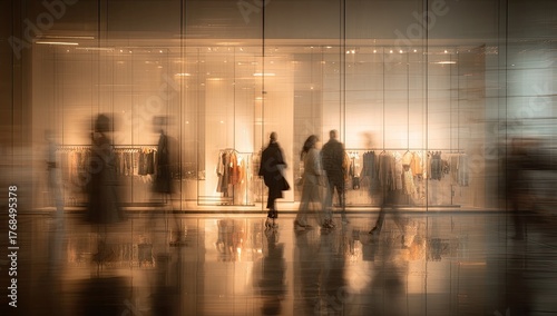 Blurry figures move past a brightly lit, reflective store window at dusk