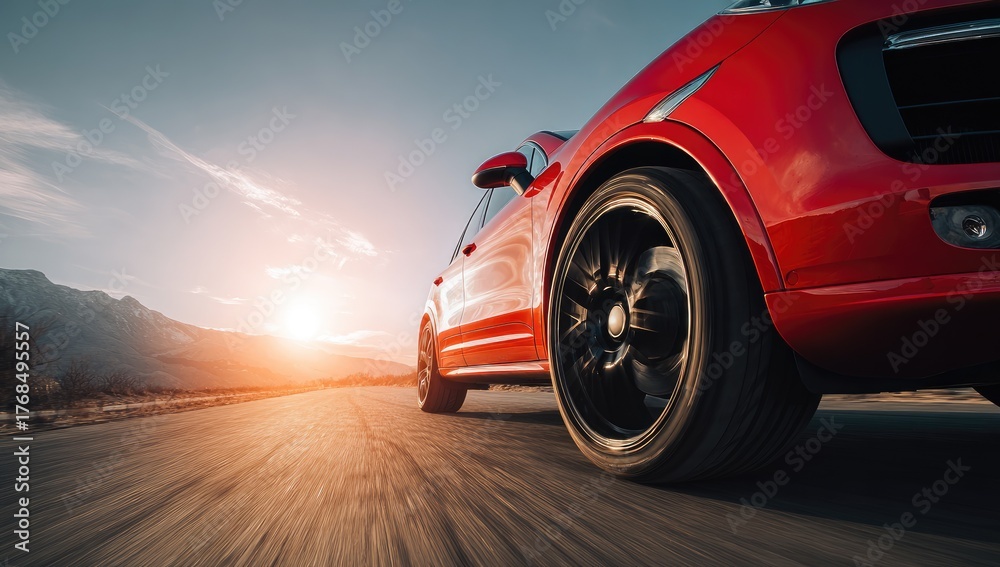 Naklejka premium Sleek red vehicle speeds down a scenic road at sunset