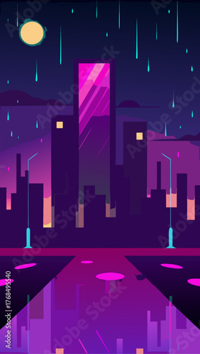 Futuristic cityscape at night with neon lights and rain