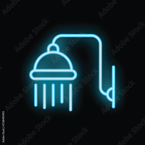 Bright blue neon sign depicting a shower head on a black background