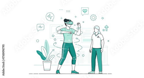 Virtual reality fitness application engaging with a trainer at modern wellness center