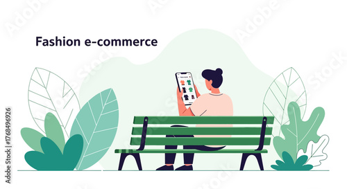 Woman enjoying online fashion shopping on a park bench with digital technologies for lifestyle and