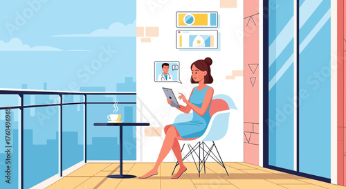 Woman having a telehealth consultation on her balcony with a doctor on her tablet during daytime