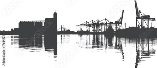 Port Silhouettes with Reflections Maritime Transport Coastal Cranes Silhouette Illustration