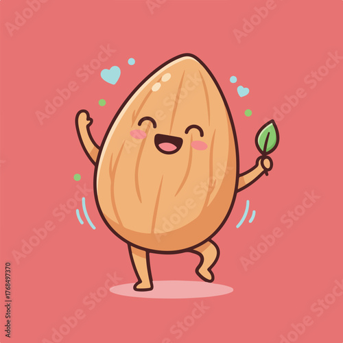 A cartoon almond character cheerfully dances against a pink backdrop, adorned with hearts and dots, holding a leaf and exuding happiness.