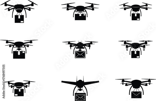 Drone delivery silhouettes, package drone icons, UAV logistics, aerial shipping, parcel transport, unmanned aircraft, vector set, black illustration
