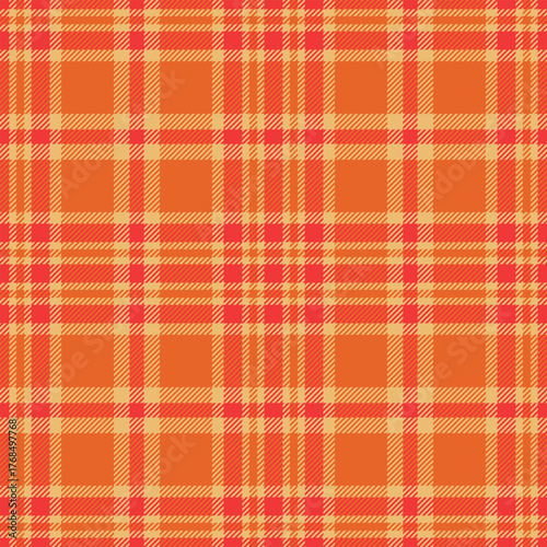 Seamless orange color check pattern. Repeating patern plaid. Checkered design for prints. Repeated tartan fabric. Vector scottish fabriс. Ekose texture. Madras flannel. Checker line. Stripe gingham

