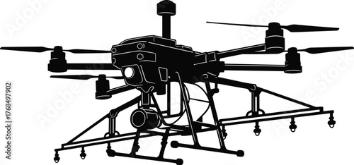 Hexacopter drone silhouette, agricultural UAV, spraying drone icon, industrial drone vector, unmanned aircraft, sensor system, black graphic, tech illustration