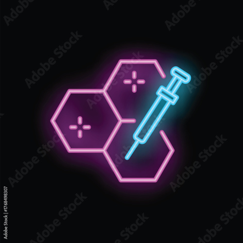 Neon medical icon of a syringe injecting into a honeycomb representing innovative healthcare solutions