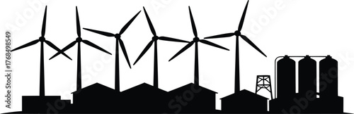 Black Silhouette Of Sustainable Energy With Wind Turbines And Biofuel Storage on Transparent Layout
