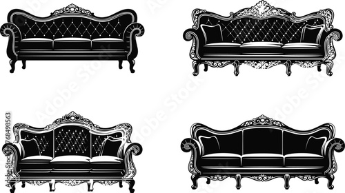 Vintage sofa vector set, ornate couch illustration, classical furniture icons, CAD drawing, tufted upholstery, carved wood, elegant seating, flat design