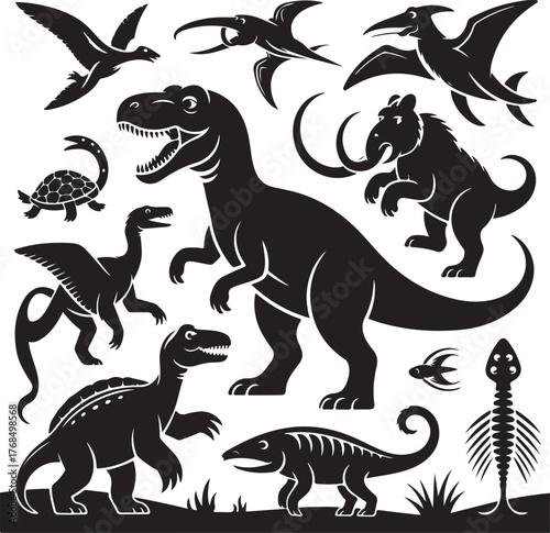 Black silhouette illustrations of various prehistoric dinosaurs and creatures ancient