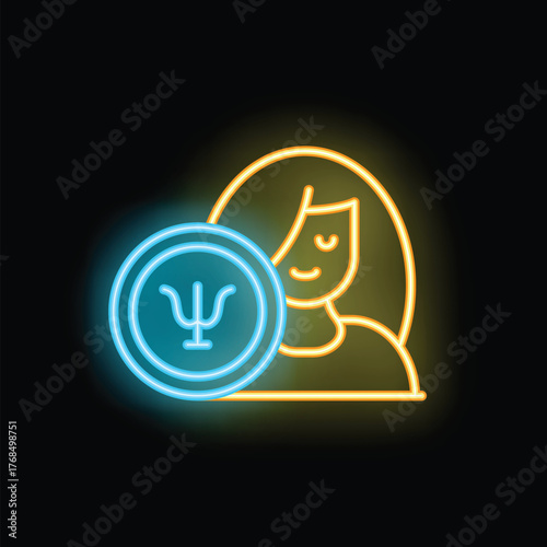 Neon icon representing a woman patient with a psychology symbol, evoking mental health awareness and psychological support