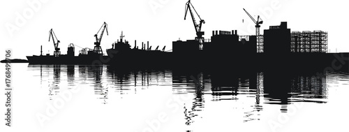Dockyard Silhouette Vector: Harbor Cranes Reflecting on Tranquil Waters