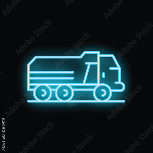 Blue neon sign of a truck carrying goods glowing on a black background