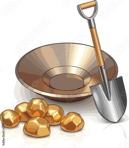 Gold prospecting tools with nuggets on a white background.