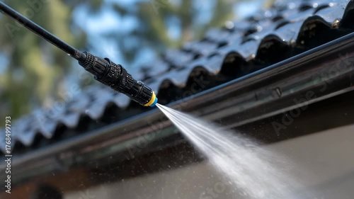 135High-pressure nozzle angled at gutter corner, concentrated jet removing built-up grime, water spray sparkling in daylight, roofline forming clean architectural lines