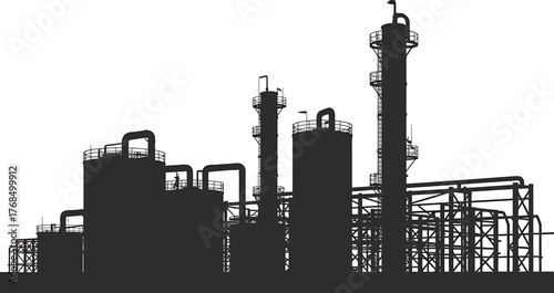 Industrial Refinery Silhouette Vector: Petrochemical Plant Landscape Backdrop