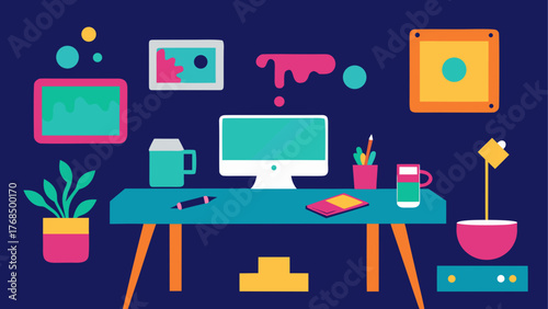 Modern flat design illustration of a colorful home office desk setup