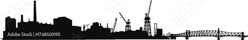 Complex Industrial Skyline with Cranes Chimneys and Bridges Silhouette for Industry