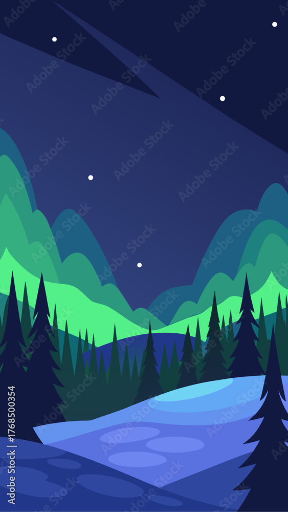 Fototapeta premium Stylized winter landscape with aurora borealis over pine trees and snow covered hills