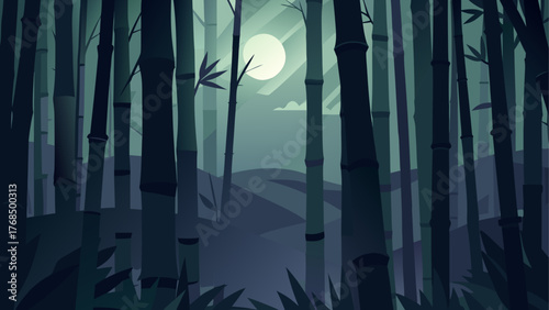 Mystical moonlit bamboo forest with rolling hills in the background