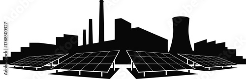 Power Plant and Solar Panels Silhouette Against a Transparent Background for Green Energy