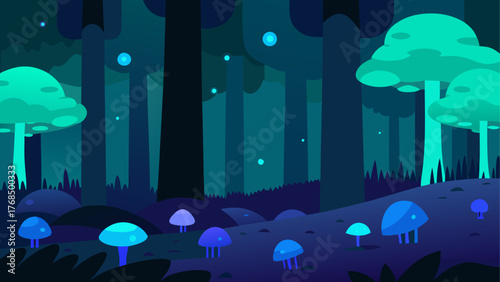Enchanted forest with glowing mushrooms and mystical blue orbs at night