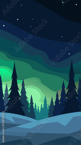 Stylized minimalist winter forest landscape with aurora borealis and stars