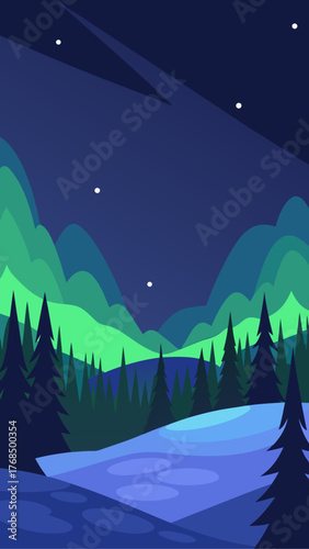 Stylized winter landscape with aurora borealis over pine trees and snow covered hills