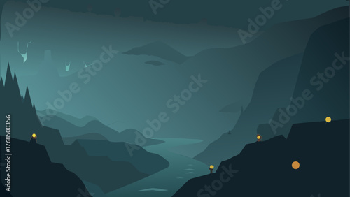 Mysterious dark blue mountain valley with winding river and glowing lights