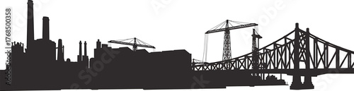 Industrial Skyline Silhouette With Factories Cranes Bridge Showing Industrial Growth and Infrastructure