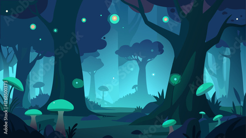 Enchanted forest at night with glowing mushrooms and fireflies