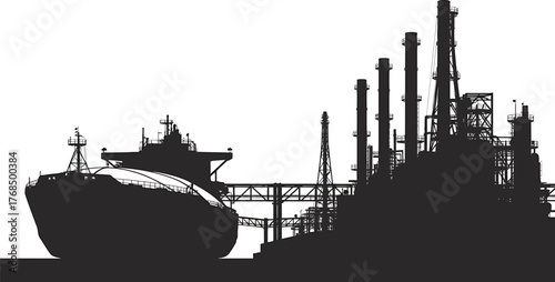 Crude Oil Tanker Docked Beside Refinery Silhouette Industrial Landscape Global Trade