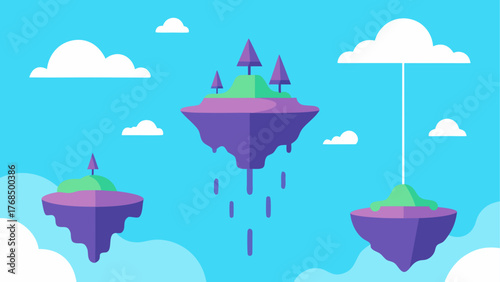 Whimsical floating islands with purple landmasses and green tops against a bright blue sky with white clouds