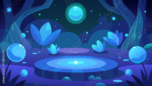 Enchanting blue forest clearing with glowing orbs and a central platform