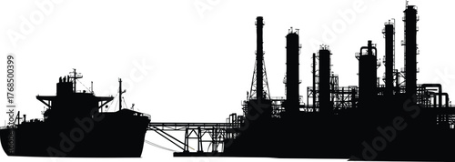 Oil Tanker Connected To Refinery Platform Silhouette Fuel Supply Distribution Industry Vector