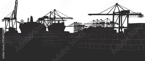 Maritime Trade: Silhouette View of a Dockyard with Cranes, Vessels, and Cargo Containers at Seaport