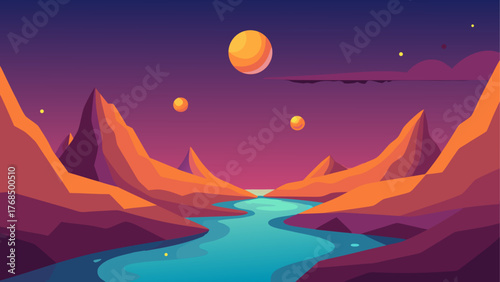 Vibrant alien landscape with flowing river and multiple moons in a purple sky