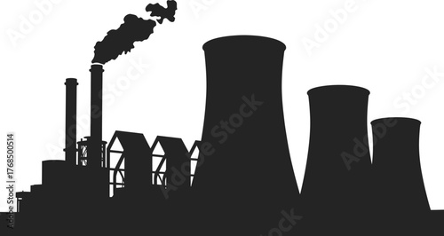 Silhouette Illustration of an Industrial Plant with Chimneys and Cooling Towers on Transparent Background