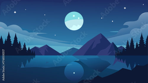 Serene night landscape with moonlit mountains and calm lake reflection