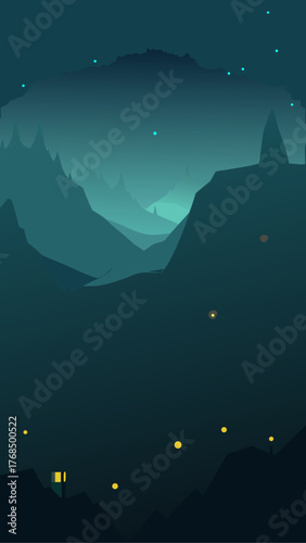 Mysterious dark mountain landscape with glowing lights and stars