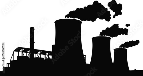 Silhouette Vector Image Depicting Industrial Factory with Smokestacks and Cooling Towers Pollution