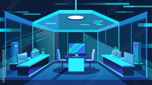 Modern minimalist office interior with blue and purple tones and geometric shapes