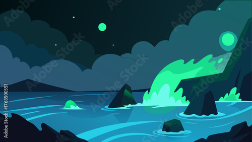 Mystical glowing waterfall cascades into a dark ocean under a starry night sky