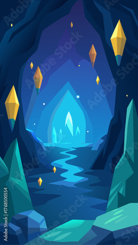 Mysterious glowing cave with crystal formations and a winding river