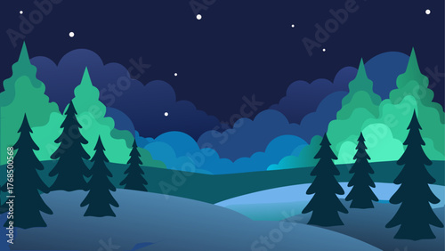 Stylized flat illustration of a dark blue night sky over a snowy landscape with evergreen trees