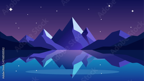 Abstract geometric mountains reflected in a calm lake under a starry night sky