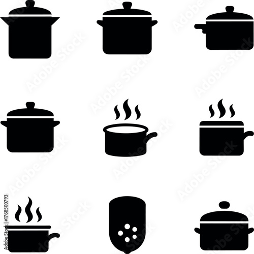 Kitchen cookware icon set featuring pots, pans, steam, and strainers. Ideal for culinary apps, recipe design, and cooking infographics