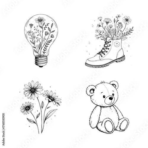 Black and white line art illustration set with floral lightbulb, boot with flowers, daisies, and teddy bear, minimalist hand-drawn collection
